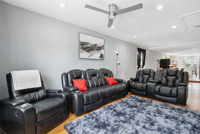 1715 N 15th Ave, Melrose Park, IL 60160 - living area with attic access, light wood finished floors, a ceiling fan, and recessed lighting