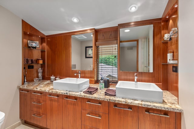 1200 Regency Ln, Lake Forest, IL 60045 - full bath featuring double vanity, recessed lighting, and lofted ceiling