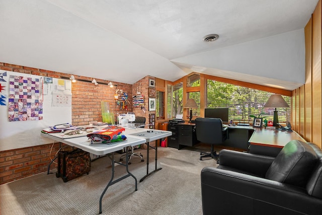 1200 Regency Ln, Lake Forest, IL 60045 - office featuring brick wall, light carpet, and vaulted ceiling