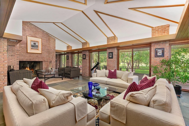 1200 Regency Ln, Lake Forest, IL 60045 - living area with high vaulted ceiling, brick wall, and a fireplace