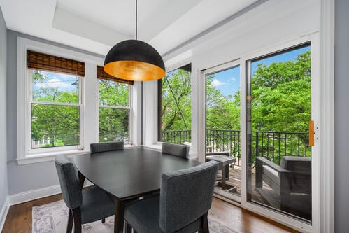 4259 N Ashland Ave Unit 2, Chicago, IL 60613 - dining space with wood finished floors and a tray ceiling