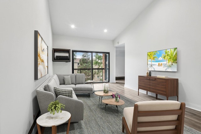 5525 N Chester Ave Unit 46, Chicago, IL 60656 - living room with wood finished floors, recessed lighting, and a high ceiling