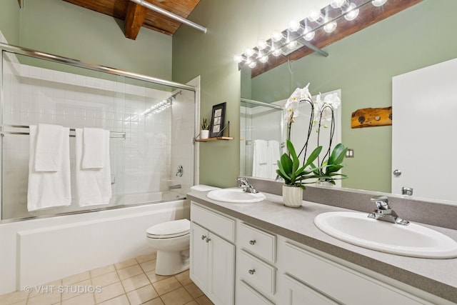 1740 N Maplewood Ave Unit 416, Chicago, IL 60647 - full bath with tile patterned flooring, double vanity, combined bath / shower with glass door, and a wood ceiling with exposed beams