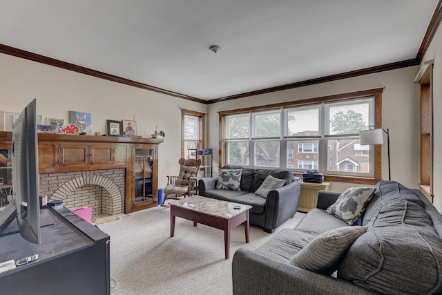 4934 N Marmora Ave, Chicago, IL 60630 - living area featuring light carpet, ornamental molding, and a fireplace