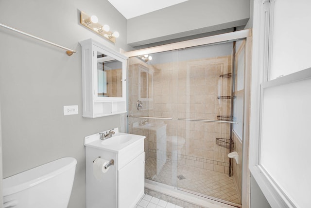 220 N Yates Ln, Mount Prospect, IL 60056 - full bathroom featuring a stall shower, vanity, and tile patterned floors