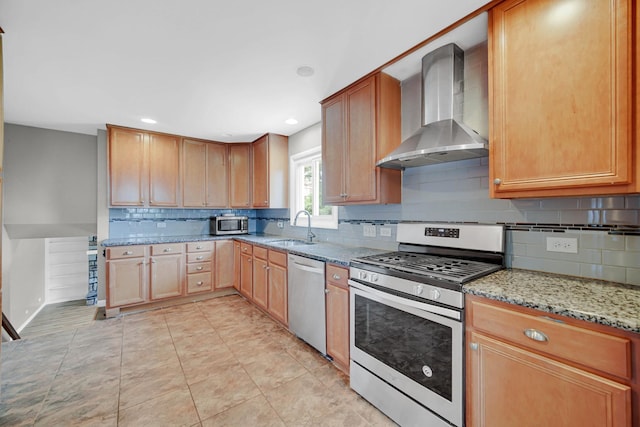 220 N Yates Ln, Mount Prospect, IL 60056 - kitchen featuring stainless steel appliances, wall chimney range hood, light stone countertops, backsplash, and recessed lighting