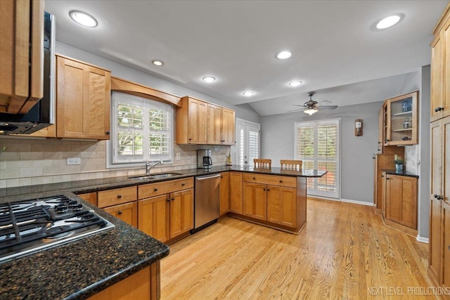 1009 E Bailey Rd, Naperville, IL 60565 - kitchen with appliances with stainless steel finishes, a peninsula, a ceiling fan, decorative backsplash, and light wood-style floors