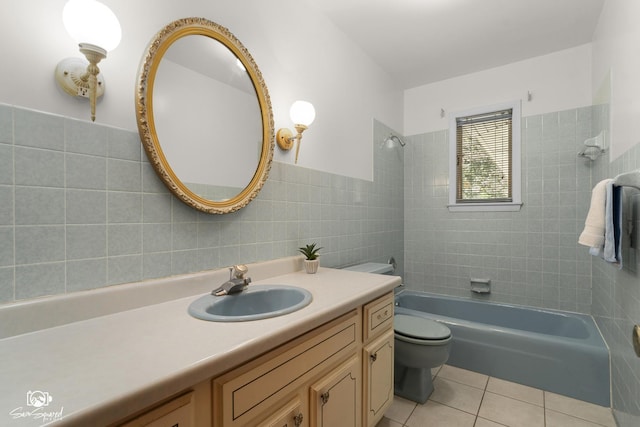 1458 Pleasant Dr, Crest Hill, IL 60403 - full bathroom with vanity, tile patterned floors, bathing tub / shower combination, and tile walls