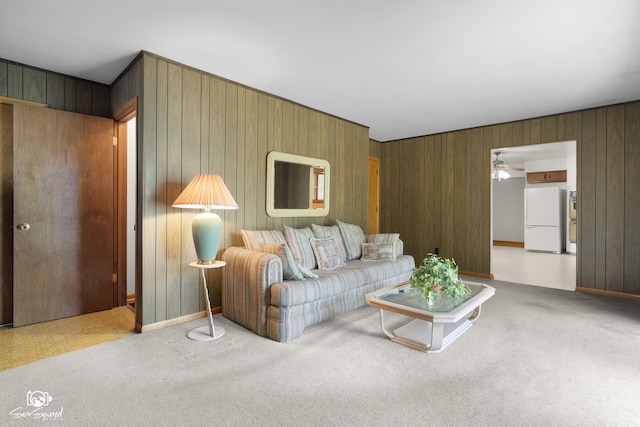 1458 Pleasant Dr, Crest Hill, IL 60403 - carpeted living area with wood walls and ceiling fan