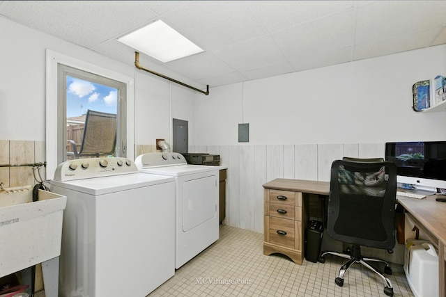 16821 89th Ave, Orland Hills, IL 60487 - washroom featuring independent washer and dryer, electric panel, wainscoting, a desk, and light tile patterned flooring