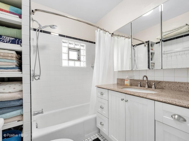 1754 W Cortland St, Chicago, IL 60622 - full bath with vanity, shower / bath combo, tile patterned flooring, and decorative backsplash