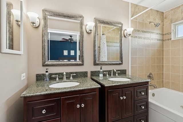 17889 W Elsbury St, Gurnee, IL 60031 - bathroom featuring two vanities, shower / tub combo, and a ceiling fan