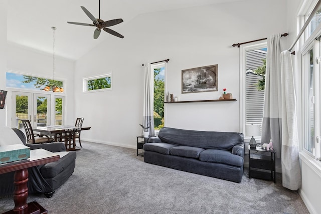 17889 W Elsbury St, Gurnee, IL 60031 - living room with carpet, high vaulted ceiling, a ceiling fan, and french doors