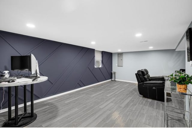 3105 Hermes Dr, Olympia Fields, IL 60461 - home office with wood finished floors, a decorative wall, electric panel, and recessed lighting