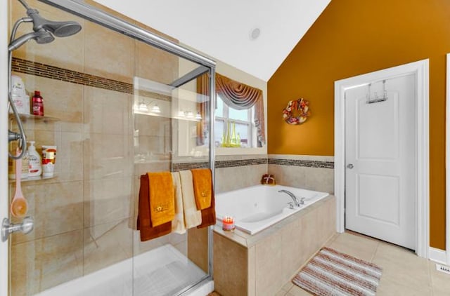 3105 Hermes Dr, Olympia Fields, IL 60461 - full bathroom featuring a garden tub, a stall shower, tile patterned floors, and high vaulted ceiling