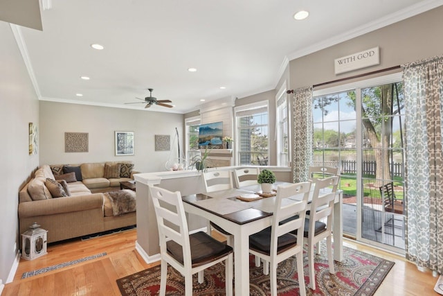 220 Carters Grove Ct, Grayslake, IL 60030 - dining area featuring ceiling fan, recessed lighting, light wood-style flooring, and crown molding