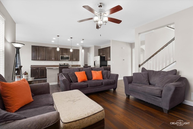 1133 Daytona Way, Pingree Grove, IL 60140 - living room featuring a ceiling fan, dark wood finished floors, stairs, and recessed lighting