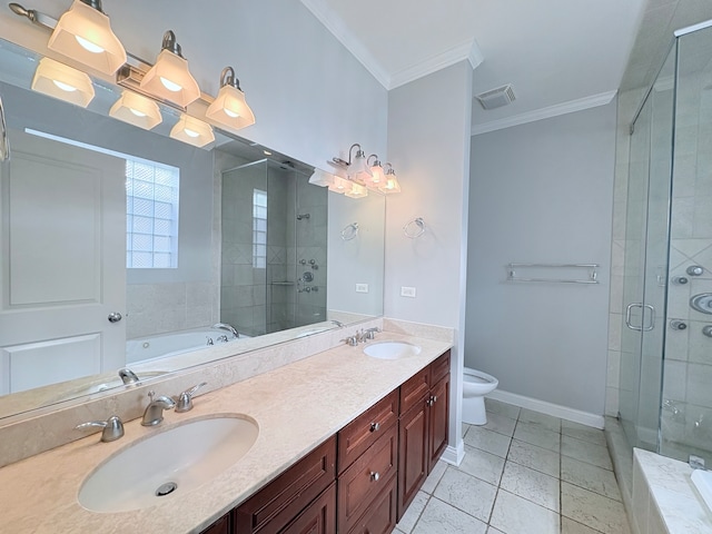 818 W Aldine Ave Unit 3, Chicago, IL 60657 - full bathroom with crown molding, a garden tub, double vanity, a shower stall, and tile patterned floors