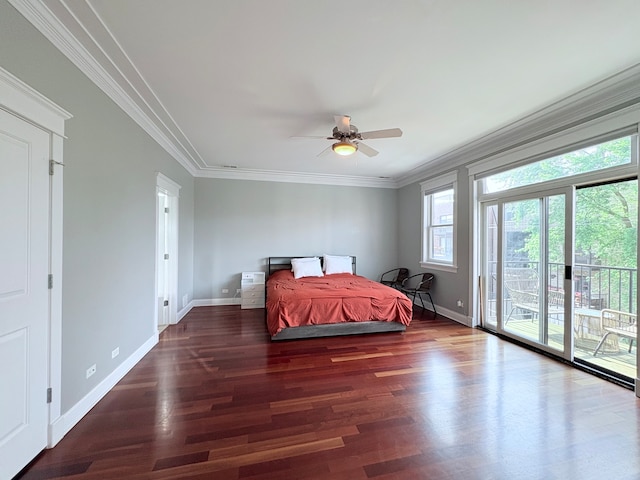 818 W Aldine Ave Unit 3, Chicago, IL 60657 - bedroom with ornamental molding, access to exterior, wood finished floors, and ceiling fan