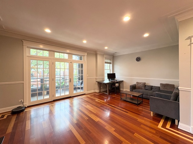 818 W Aldine Ave Unit 3, Chicago, IL 60657 - living area featuring wood finished floors, crown molding, french doors, recessed lighting, and a desk