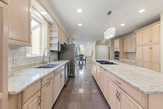 2308 Fleetwood Ct, Naperville, IL 60565 - kitchen with appliances with stainless steel finishes, light brown cabinets, recessed lighting, a kitchen island, and backsplash