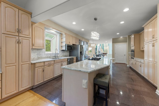 2308 Fleetwood Ct, Naperville, IL 60565 - kitchen with a kitchen island, light brown cabinetry, stainless steel appliances, a breakfast bar, and recessed lighting