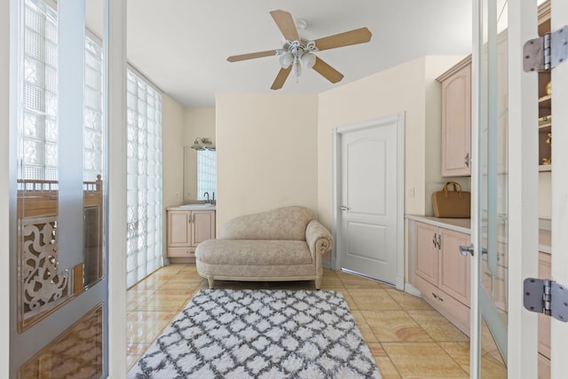 2308 Fleetwood Ct, Naperville, IL 60565 - living area featuring ceiling fan, light tile patterned floors, and french doors