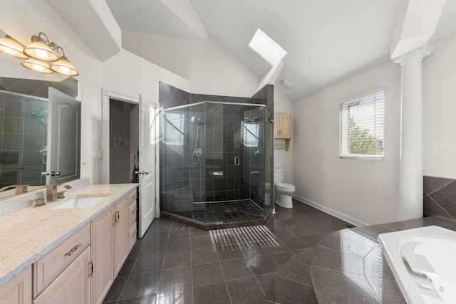 2308 Fleetwood Ct, Naperville, IL 60565 - full bath with granite floors, vanity, vaulted ceiling, a stall shower, and ornate columns