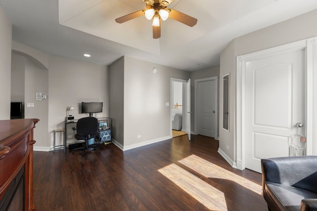 2308 Fleetwood Ct, Naperville, IL 60565 - office with ceiling fan, arched walkways, dark wood-type flooring, and recessed lighting