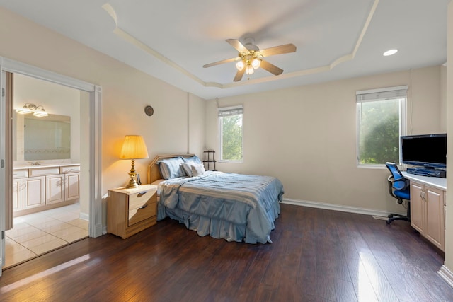 2308 Fleetwood Ct, Naperville, IL 60565 - bedroom with a raised ceiling, wood finished floors, an office area, ensuite bath, and ceiling fan