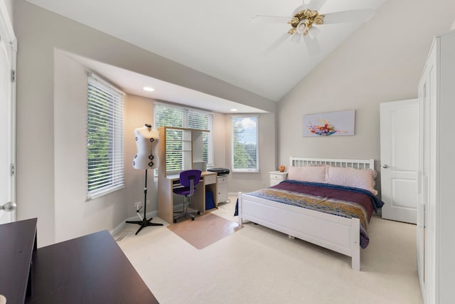 2308 Fleetwood Ct, Naperville, IL 60565 - bedroom featuring light carpet, an office area, ceiling fan, recessed lighting, and high vaulted ceiling