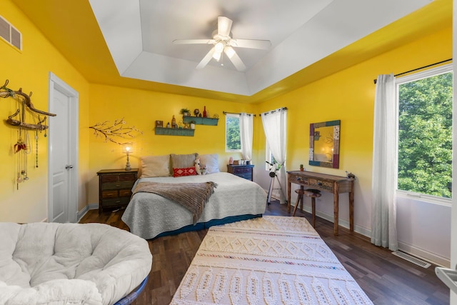 2308 Fleetwood Ct, Naperville, IL 60565 - bedroom with a raised ceiling, dark wood-style flooring, and ceiling fan