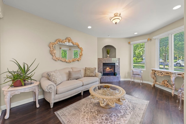 2308 Fleetwood Ct, Naperville, IL 60565 - living area with a tiled fireplace, dark wood finished floors, and recessed lighting