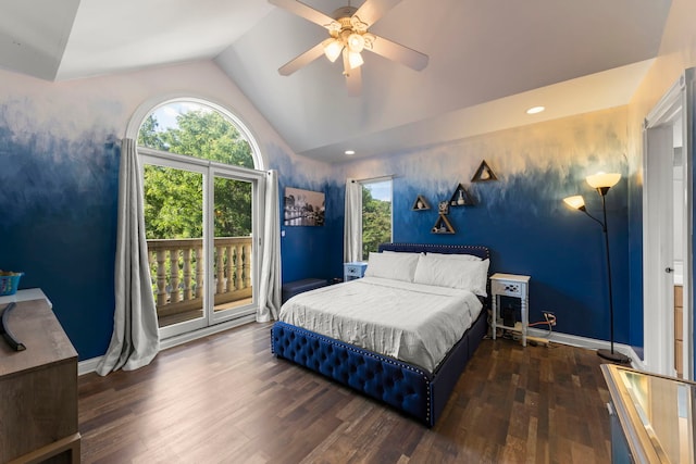2308 Fleetwood Ct, Naperville, IL 60565 - bedroom featuring lofted ceiling, access to exterior, wood finished floors, ceiling fan, and recessed lighting