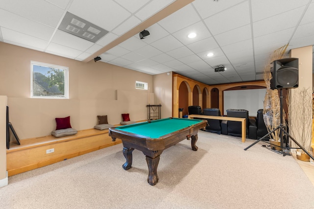 2308 Fleetwood Ct, Naperville, IL 60565 - game room with healthy amount of natural light, pool table, carpet flooring, a paneled ceiling, and recessed lighting