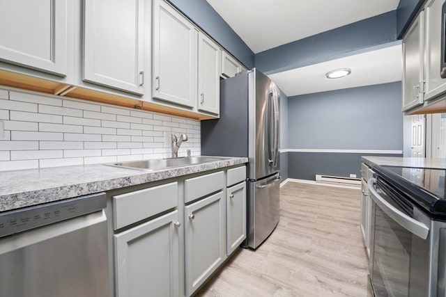 5701 W 129th St Unit 2B, Crestwood, IL 60418 - kitchen with appliances with stainless steel finishes, tasteful backsplash, light wood-style flooring, a baseboard radiator, and light countertops