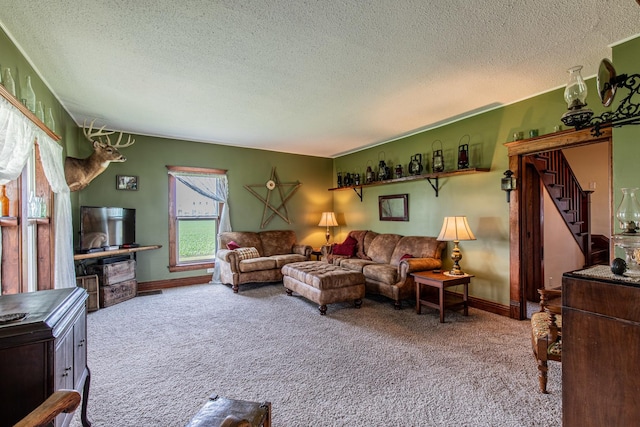 4116 E 13th Rd, Earlville, IL 60518 - carpeted living area with a textured ceiling and stairway