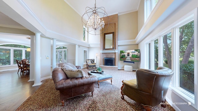 2520 Hanford Ln, Aurora, IL 60502 - living area featuring healthy amount of natural light, a towering ceiling, decorative columns, a chandelier, and crown molding