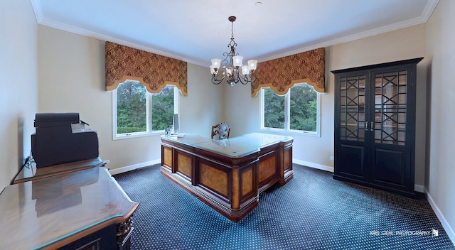 2520 Hanford Ln, Aurora, IL 60502 - home office featuring a chandelier, dark colored carpet, and crown molding
