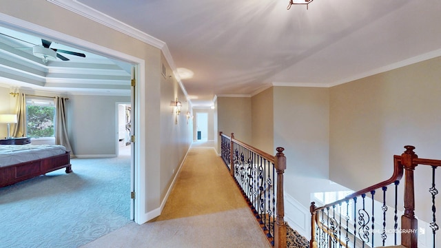2520 Hanford Ln, Aurora, IL 60502 - hallway with an upstairs landing, light carpet, and ornamental molding
