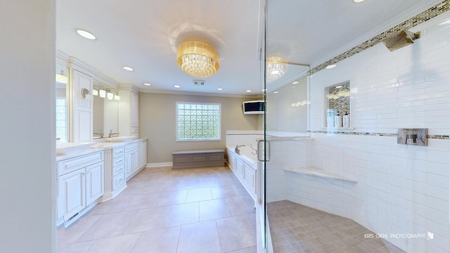 2520 Hanford Ln, Aurora, IL 60502 - full bath featuring a stall shower, double vanity, ornamental molding, a bath, and tile patterned flooring