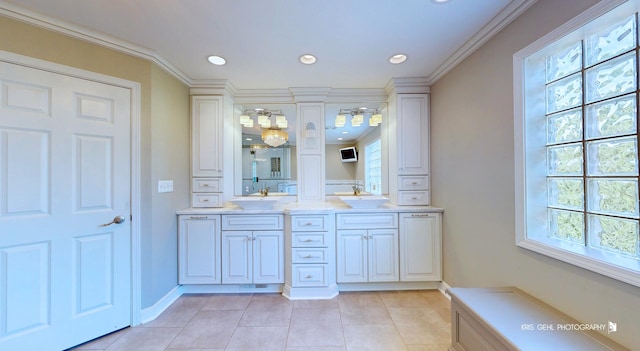 2520 Hanford Ln, Aurora, IL 60502 - bathroom with double vanity, tile patterned flooring, recessed lighting, and ornamental molding