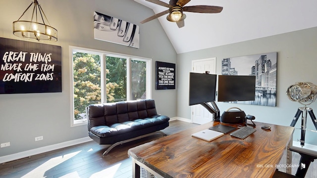 2520 Hanford Ln, Aurora, IL 60502 - home office with a ceiling fan, a chandelier, wood finished floors, and high vaulted ceiling