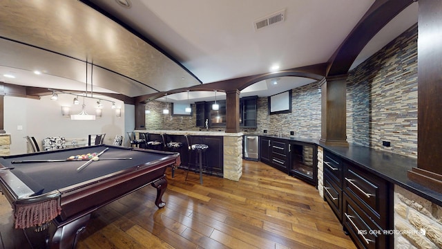 2520 Hanford Ln, Aurora, IL 60502 - playroom featuring wet bar, light wood finished floors, wine cooler, pool table, and recessed lighting