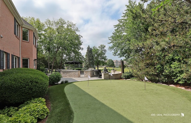 2520 Hanford Ln, Aurora, IL 60502 - view of yard with an area to practice putting, exterior kitchen, and a patio area