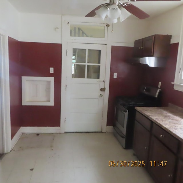7741 S Indiana Ave, Chicago, IL 60619 - kitchen featuring electric stove, ceiling fan, exhaust hood, and light countertops