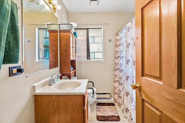 413 Berkshire Dr Unit 22, Crystal Lake, IL 60014 - full bathroom featuring vanity, tile patterned floors, baseboard heating, and a shower with shower curtain