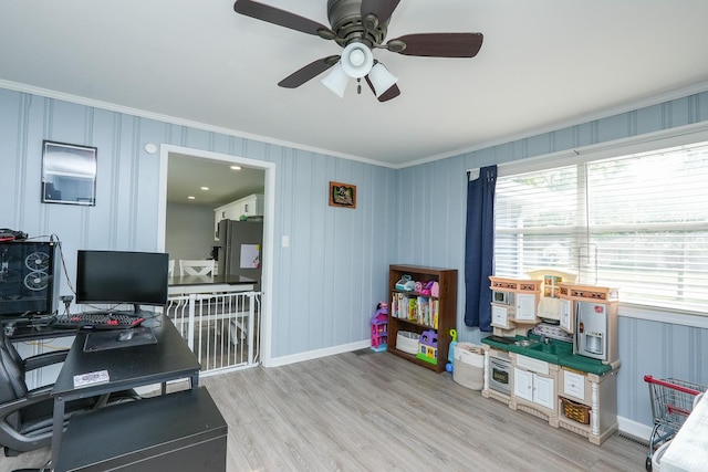 620 Edwin Dr, Bourbonnais, IL 60914 - office space with ornamental molding, light wood-style floors, and ceiling fan