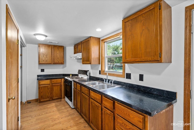812 S Sumner Ave, Aurora, IL 60505 - kitchen with gas stove, under cabinet range hood, light wood-style floors, and brown cabinets