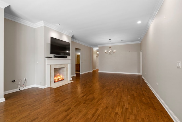 1000 Village Center Dr Unit 103, Burr Ridge, IL 60527 - unfurnished living room featuring dark wood-type flooring, a fireplace, a chandelier, recessed lighting, and ornamental molding